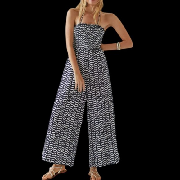 Maeve by Anthropologie Smocked Halter Jumpsuit Romper Size 4 Navy White - Picture 2 of 10